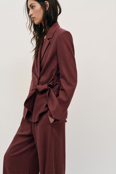 DOUBLE-BREASTED LINEN BLEND BLAZER WITH TIE DETAIL - Rust by Zara - Image 3