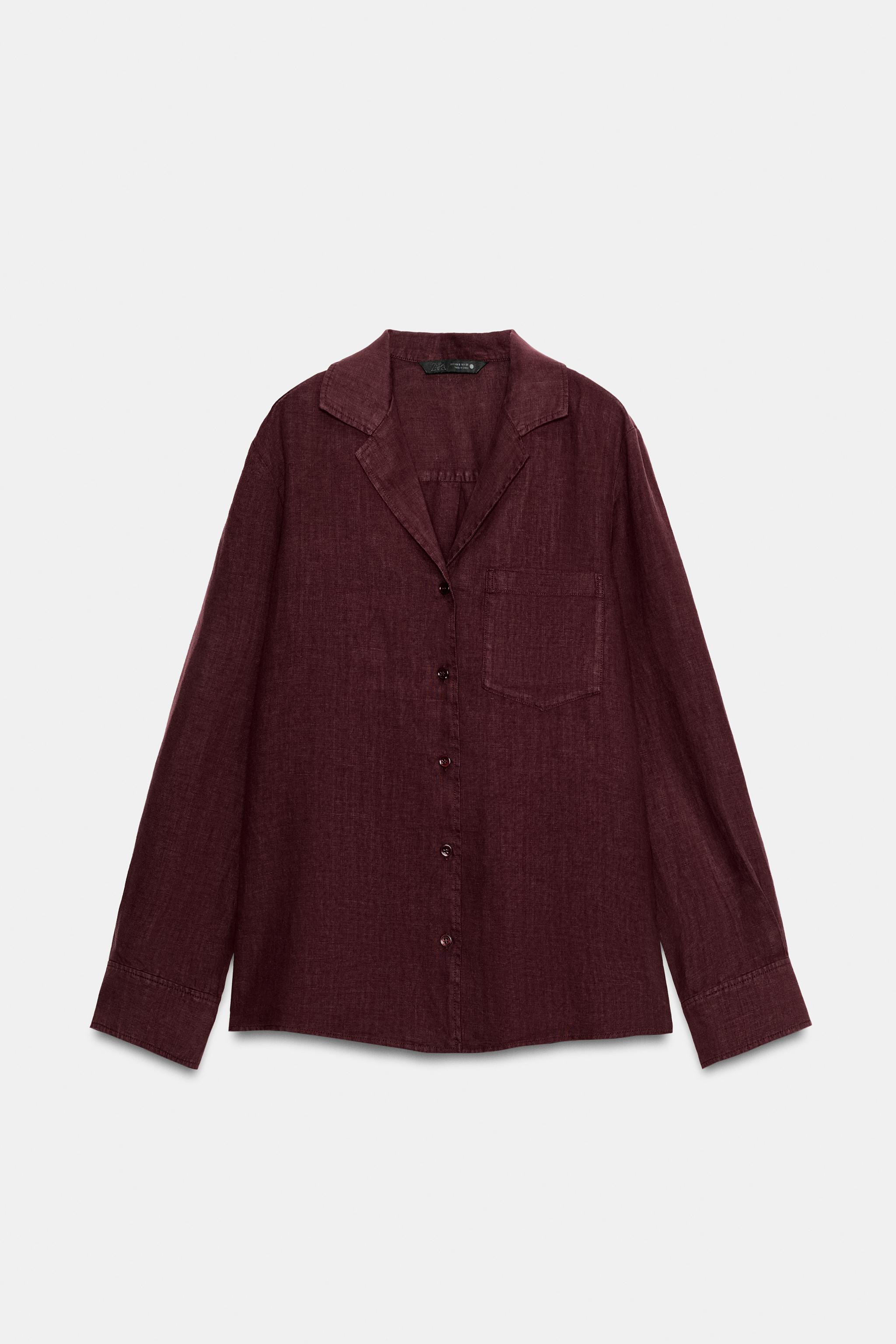 100% LINEN POCKET SHIRT ZW COLLECTION - Wine | ZARA United States