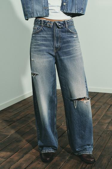 Zara TRF MID-RISE FOLDED WAIST JEANS - Blue