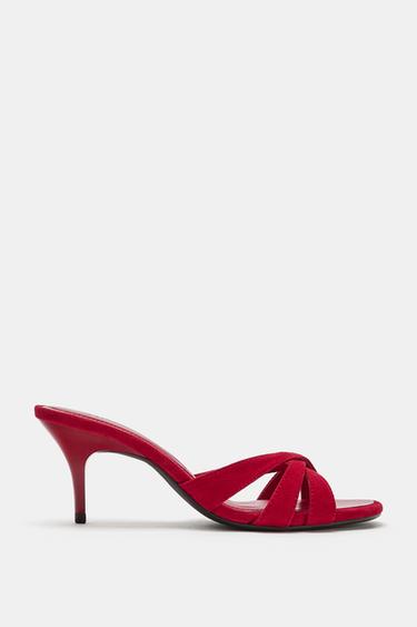Zara LEATHER HEELED MULE SANDALS - Red