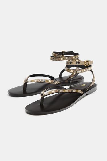 LEATHER SANDALS WITH STUDS - Beige by Zara - Image 3
