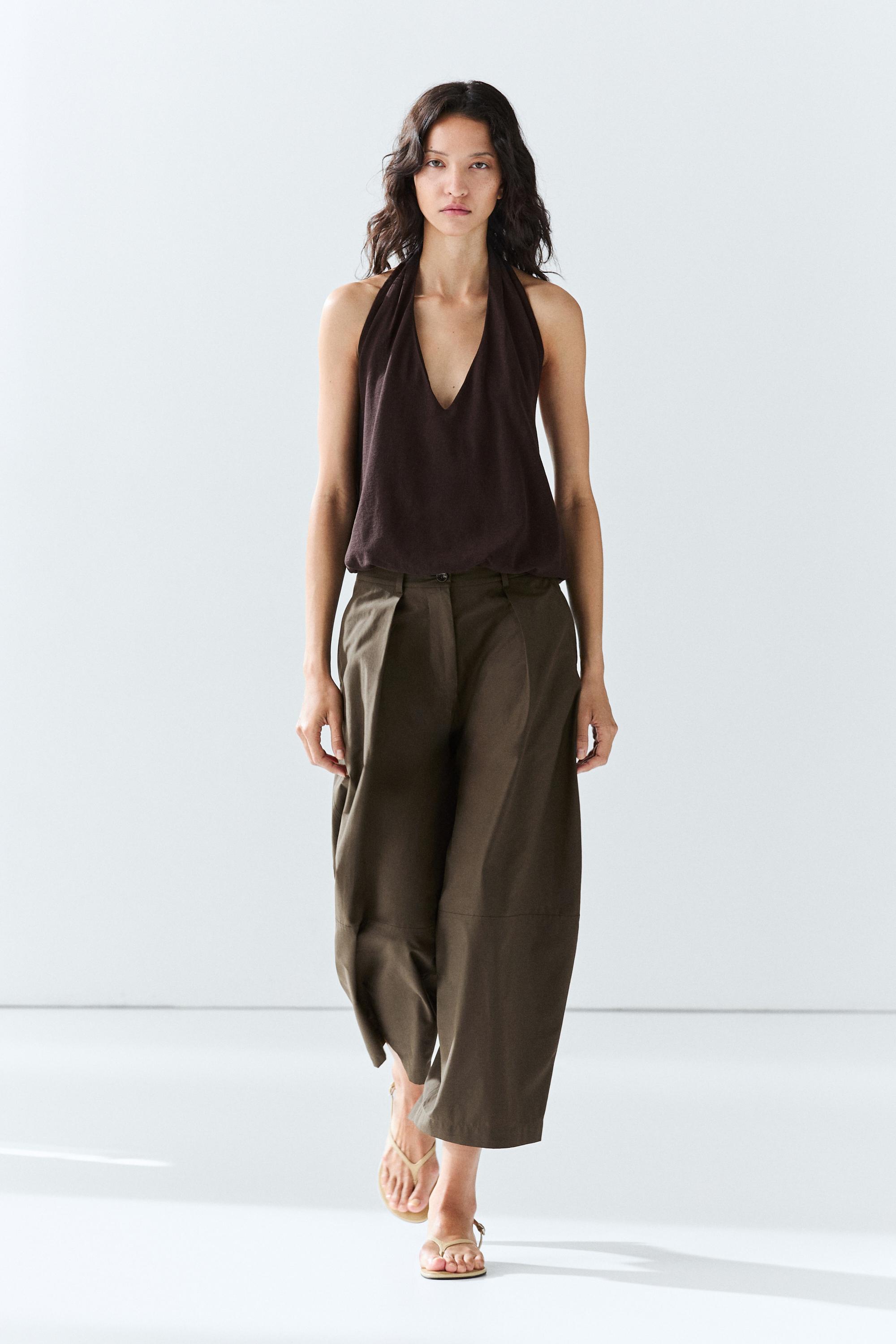 Cotton blend poplin wide-leg pants — Khaki