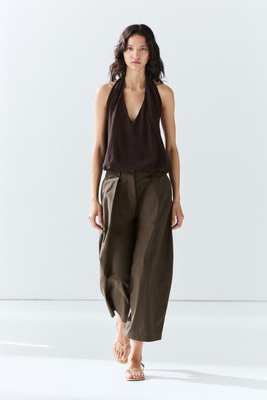 Zara Cotton poplin blend wide-leg pants - Khaki - Image 0