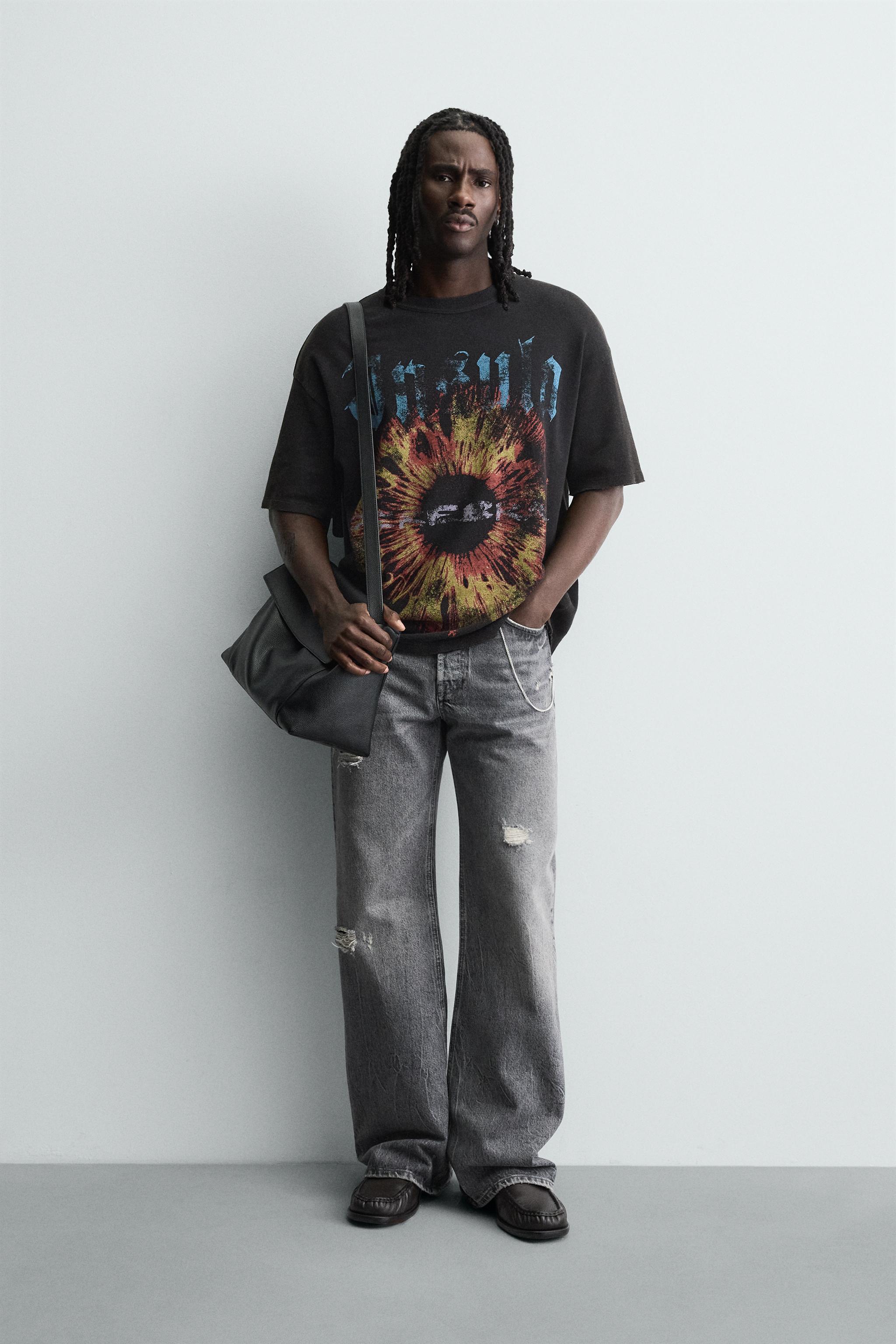 KNIT T-SHIRT WITH CONTRAST PRINT - Black | ZARA South Africa