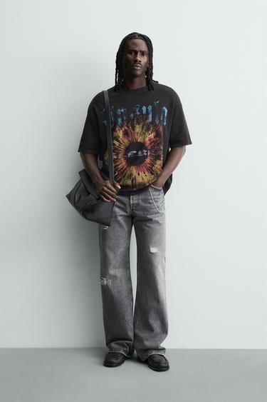 KNIT T-SHIRT WITH CONTRAST PRINT - Black by Zara - Image 0