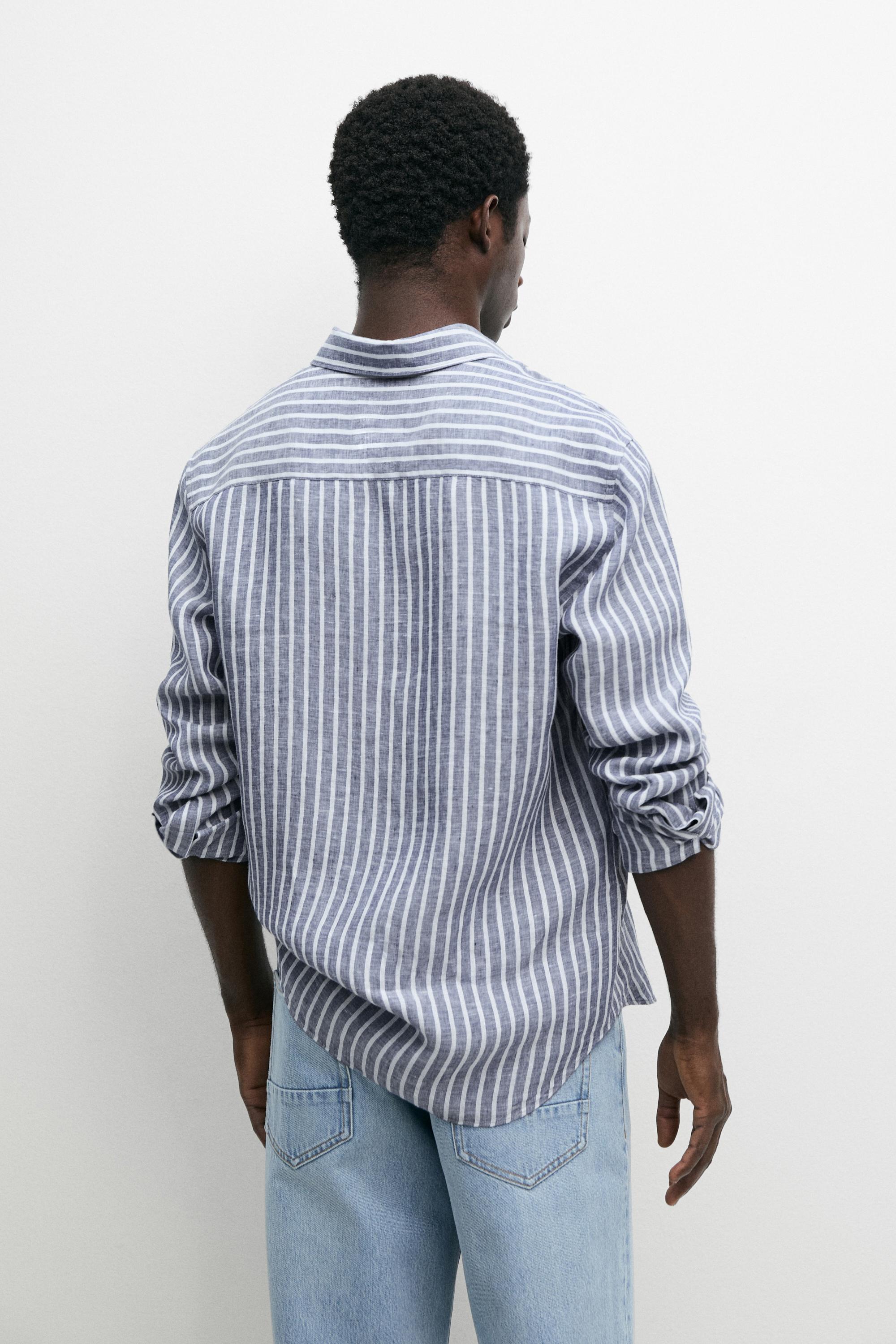 Regular fit striped 100% linen shirt