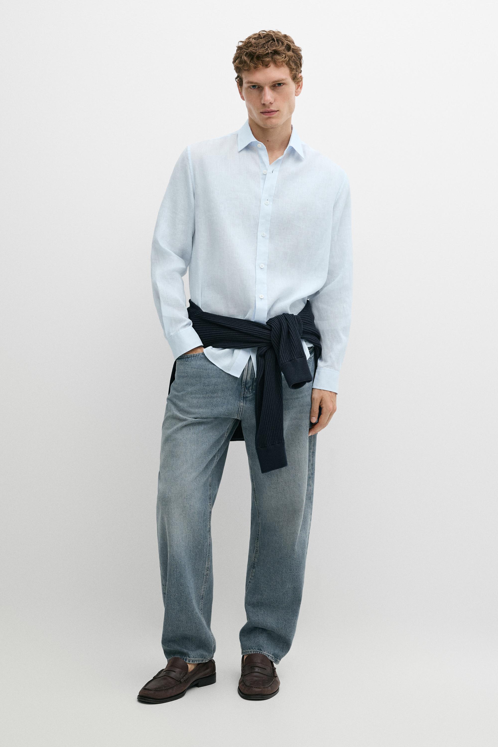 100% linen regular fit shirt — Green stripe