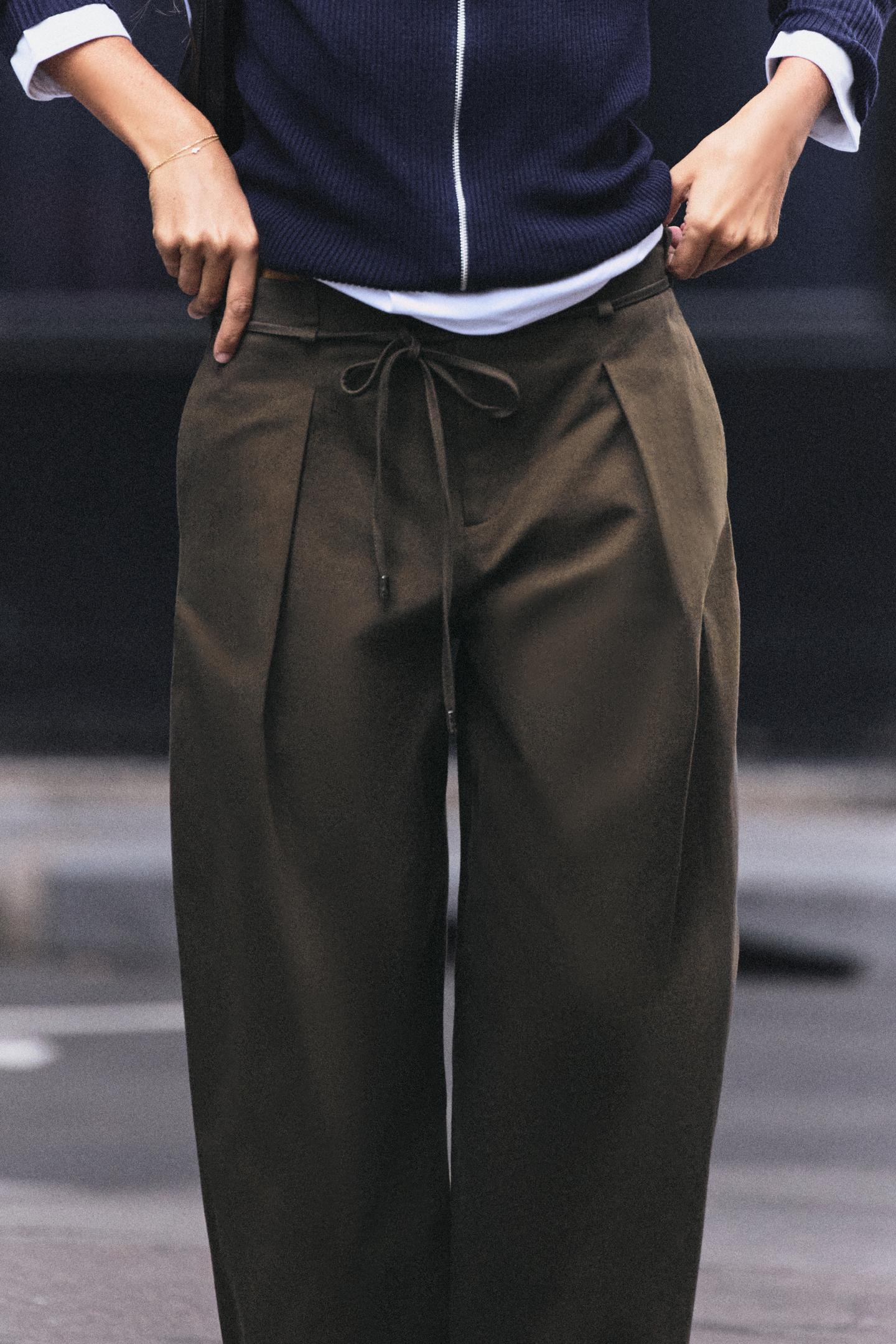 Женские брюки Zara Wide-Leg Pleated Belt, цвет: Коричневый / Серо-коричневый — фото 5