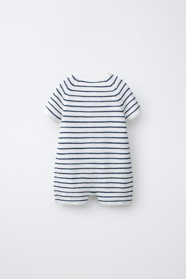 COMBINAISON COURTE EN MAILLE PERLÉE À RAYURES - Écru / Bleu de Zara - Image 1