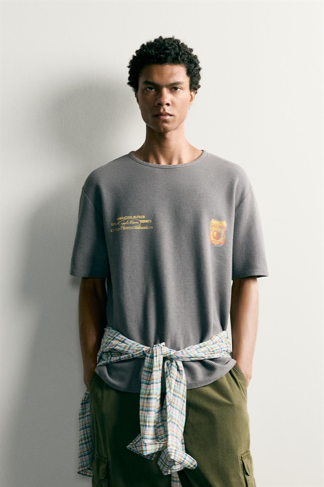 WASHED PRINTED KNIT T-SHIRT — Anthracite grey