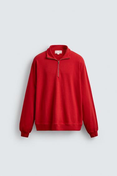 Zara WASHED QUARTER-ZIP SWEATSHIRT - Red