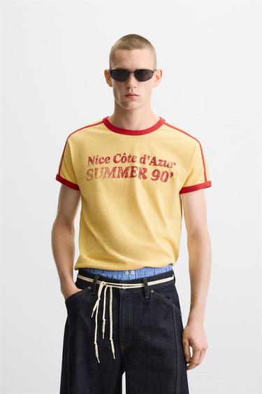 RIB T-SHIRT WITH CONTRAST SLOGAN - Yellow by Zara