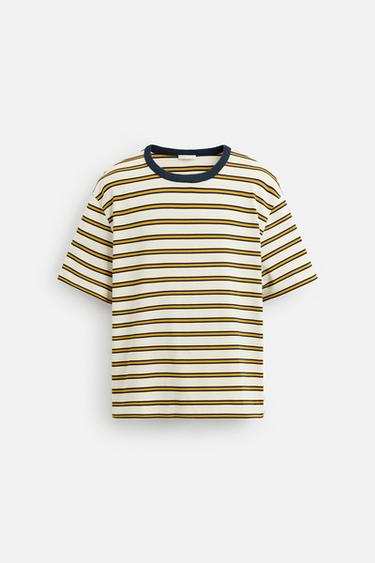 Zara STRIPED JACQUARD T-SHIRT - Ecru/Yellow
