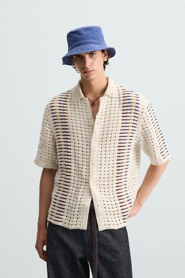 Zara STRIPED CROCHET SHIRT - Ecru