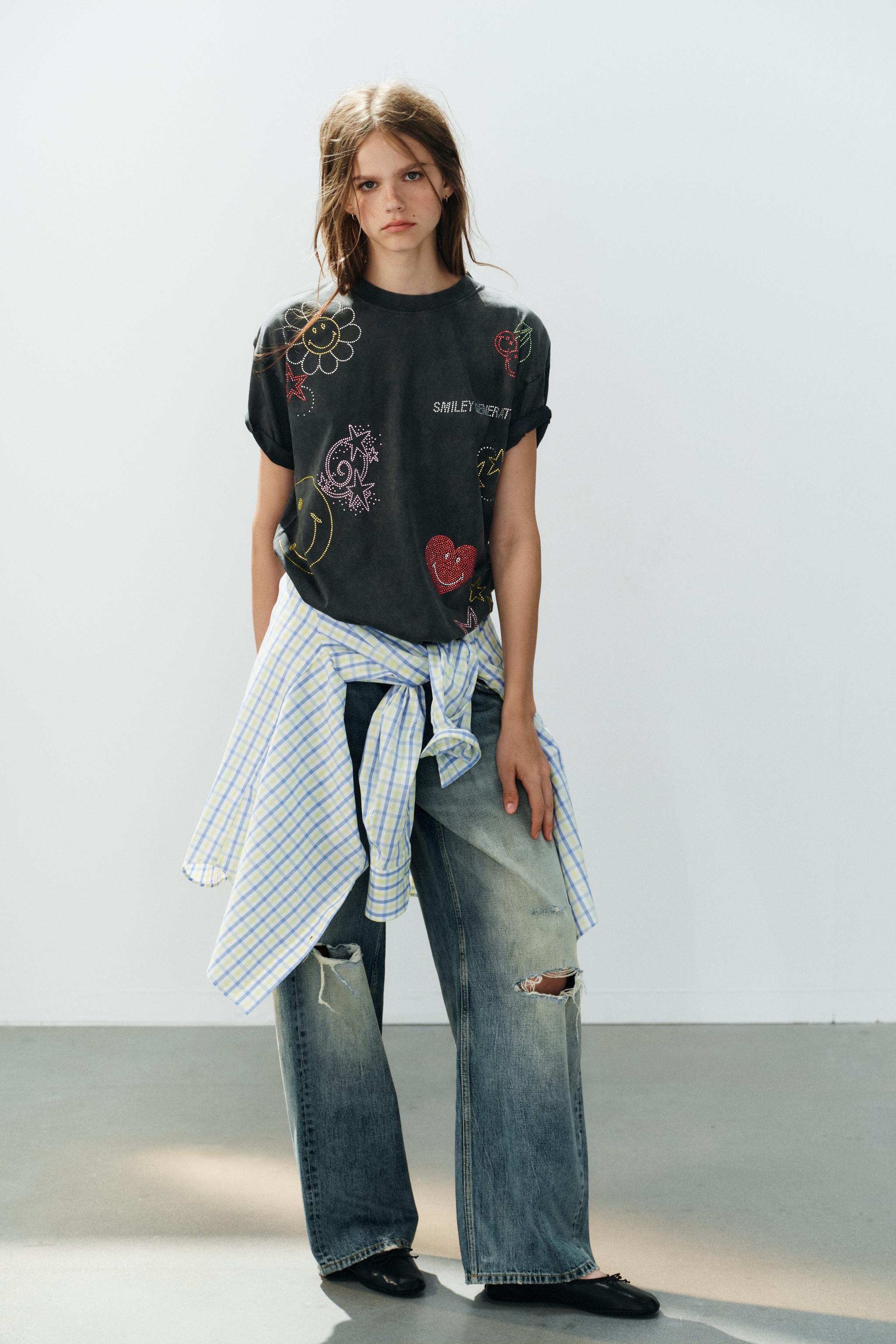 Женские футболки Zara SMILEY® RHINESTONE WASHED T-SHIRT