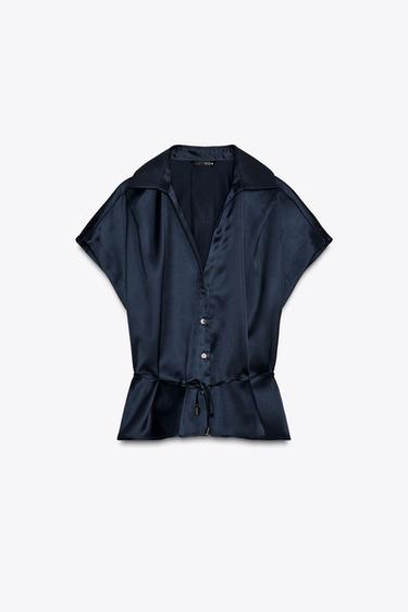 CAMISA ACETINADA COM CINTO - Azul-marinho da Zara