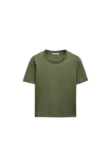 Front view of an olive green t-shirt with a crew neck and short sleeves.