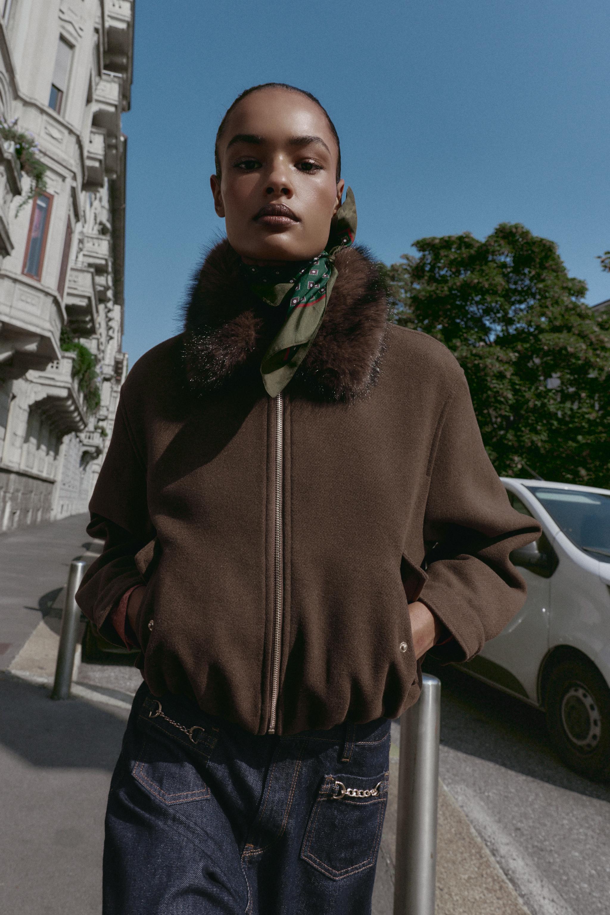 ソフトフェイクファーネックポンバージャケット L ライトブラウン ZARA ソフトフェイクファーネックボンバージャケット - ライトブラウン