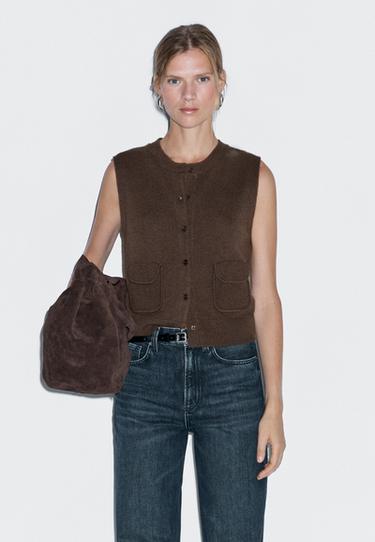 Chaleco mezcla lana detalle bolsillos - Marrón de Zara