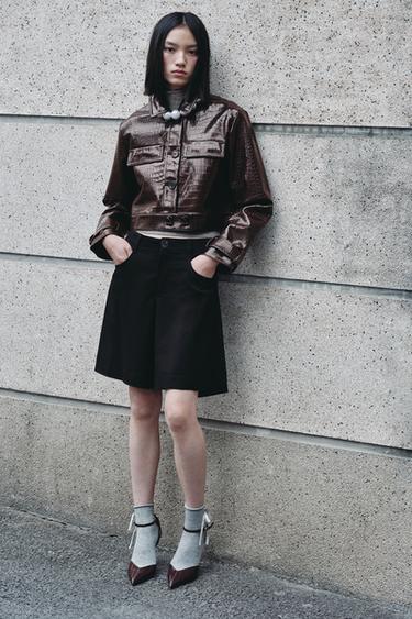 Zara 短版動物壓紋仿皮夾克 - 棕色