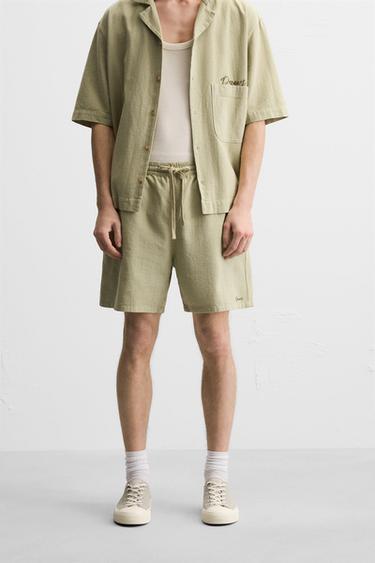 EMBROIDERED TEXTURED BERMUDA SHORTS - Light khaki by Zara - Image 1