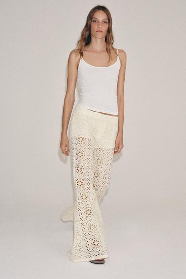 Zara EMBROIDERED FLARE PANTS ZW COLLECTION - Ecru - Image 0