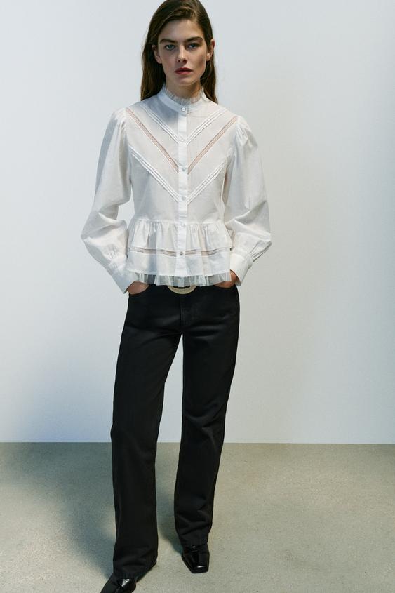 BLUSA ROMÁNTICA COMBINADA TUL - Blanco roto de Zara - Imagen 0