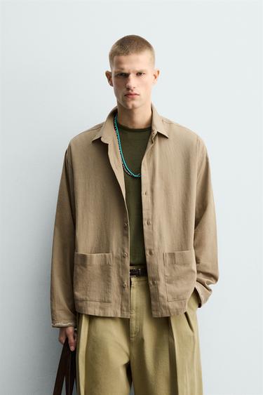 ÁO SƠ MI COTTON - LINEN THÊU - Màu vàng cát từ Zara