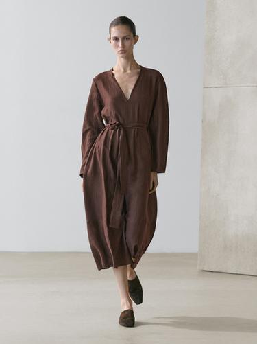 Zara Flowing linen blend midi dress with belt - Brown