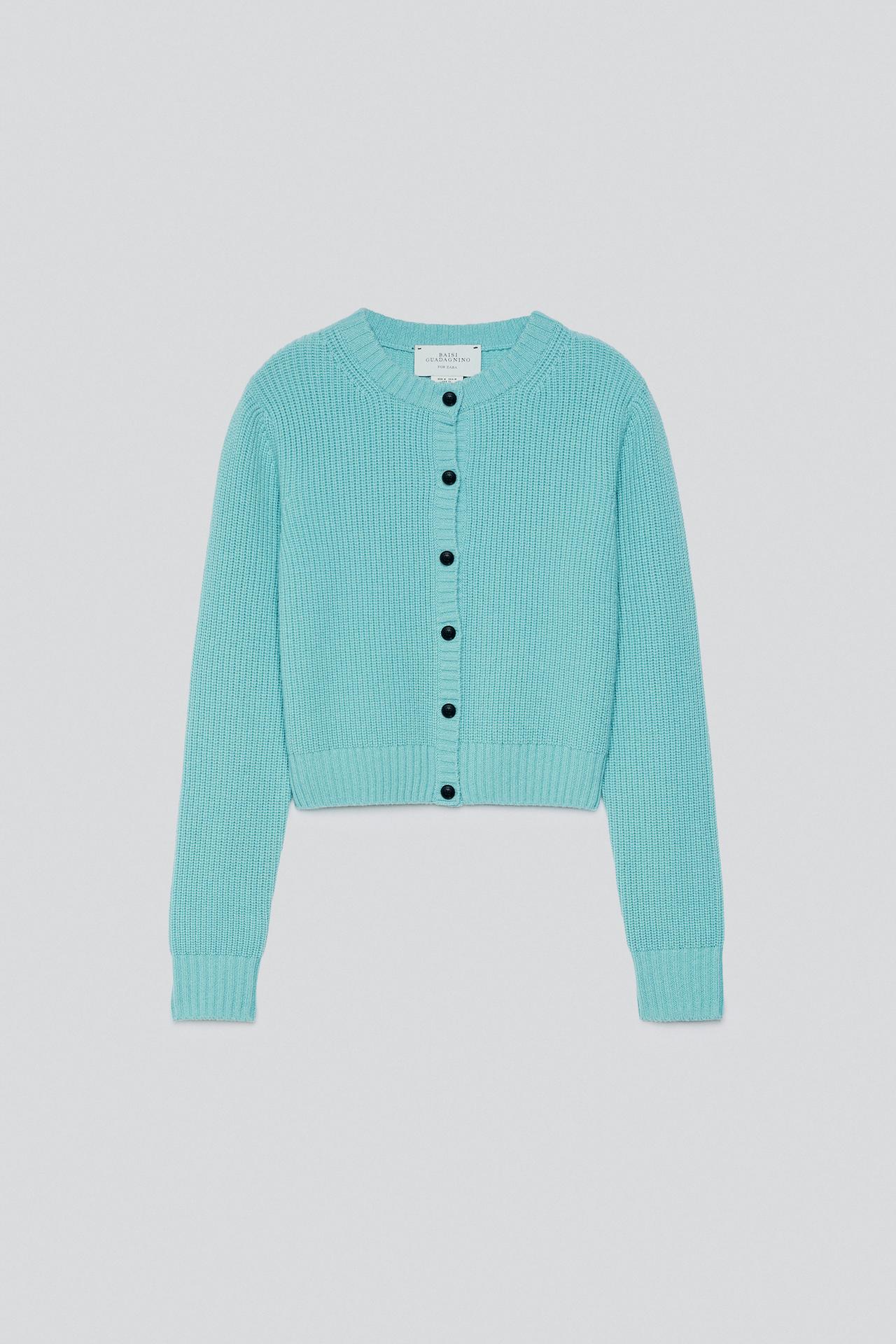 100% CASHMERE CROPPED FIT CARDIGAN — Turquoise