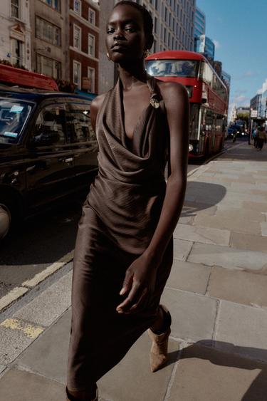 ROBE MIDI SATINÉE ASYMÉTRIQUE - Marron de Zara - Image 1