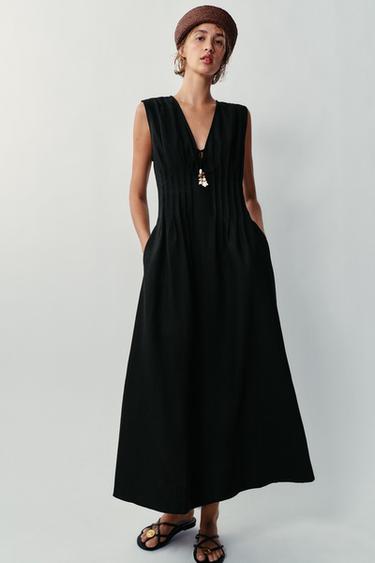 VESTIDO MIDI JARETAS CON LINO - Negro de Zara