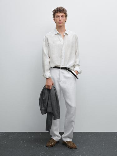 Zara 100% linen regular fit shirt - Oyster-white - Image 0
