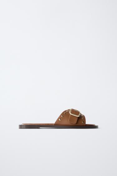 Zara STUDDED SLIDE SANDALS - Brown