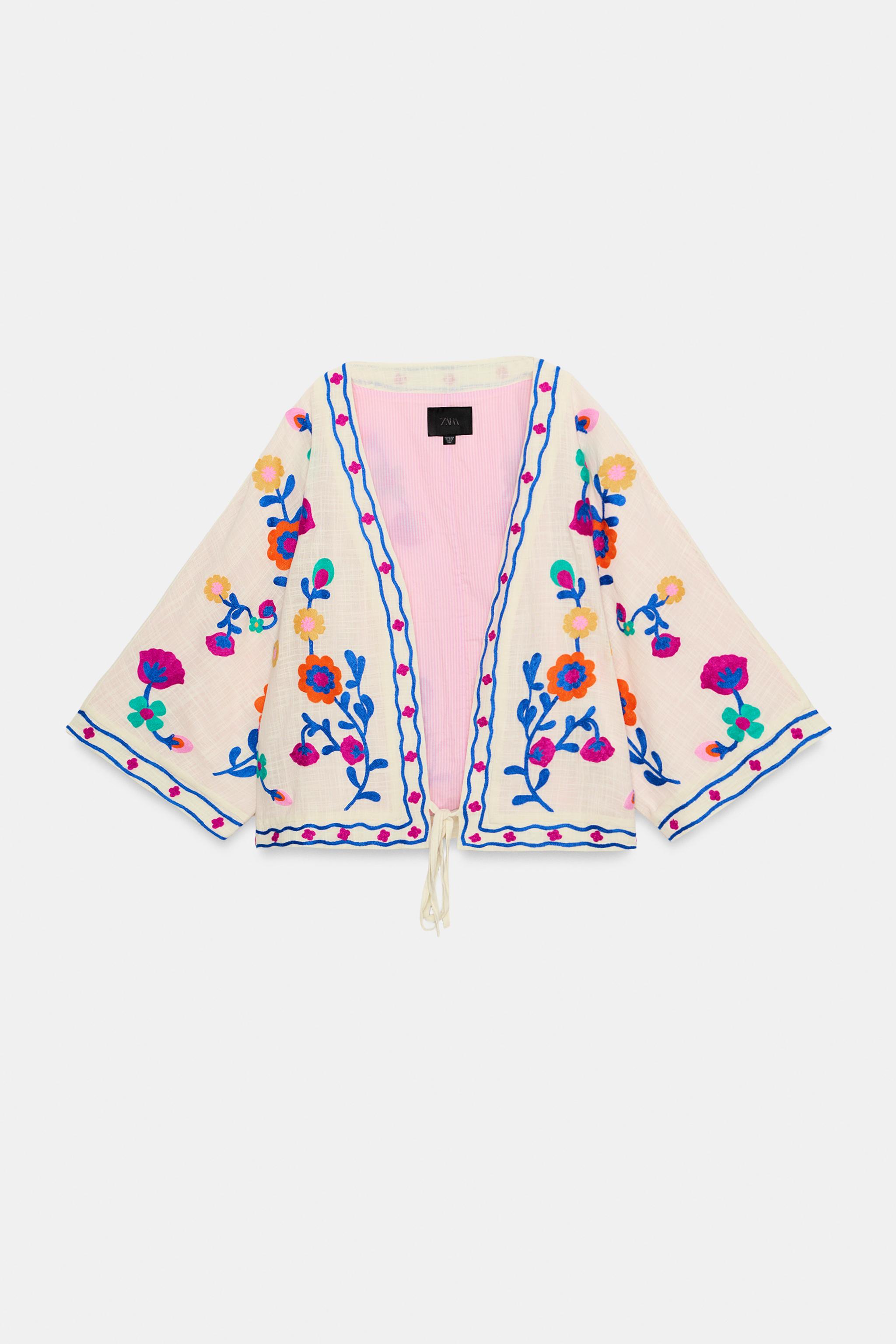 Женские топы Zara FLORAL EMBROIDERED KIMONO — фото 5