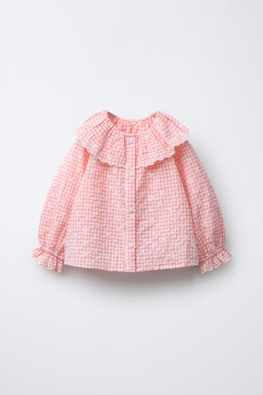Zara GINGHAM BLOUSE WITH EMBROIDERED FLOWERS - Light pink