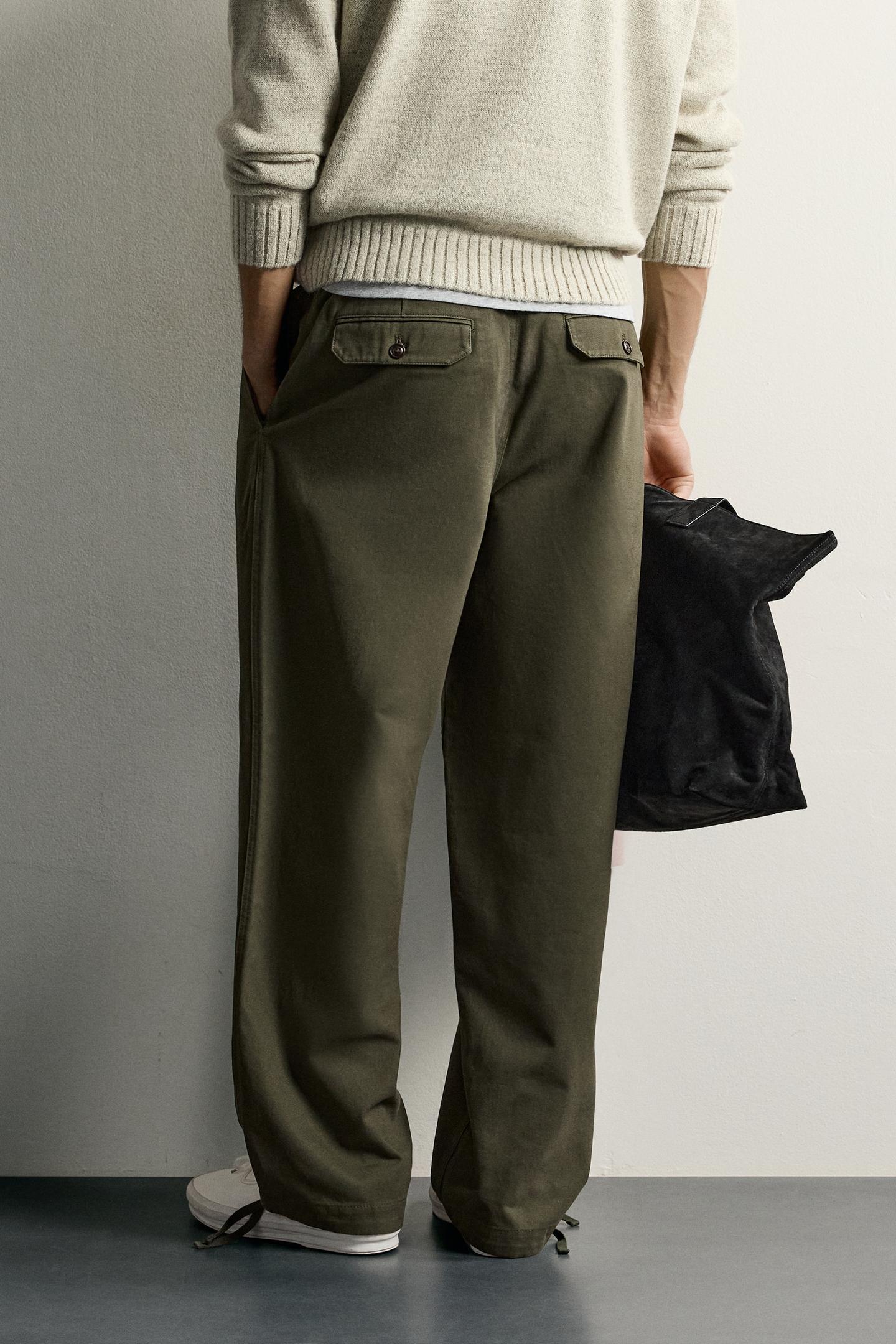 Мужские брюки Zara Cotton Relaxed Fit, цвет: Тёмный хаки — фото 3