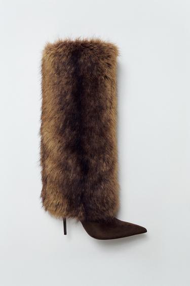 FAUX FUR HEELED BOOTS - Light beige by Zara