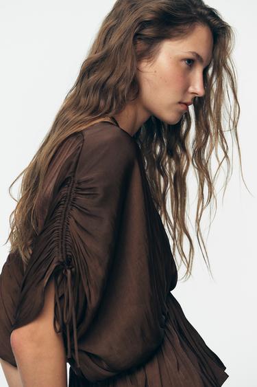 GATHERED SATIN BLOUSE - Brown by Zara - Image 4
