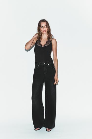 Zara COMBINATION LACE HALTER BODYSUIT - Black