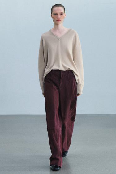 100% SUEDE LEATHER PANTS WITH POCKETS ZW COLLECTION — Maroon 2