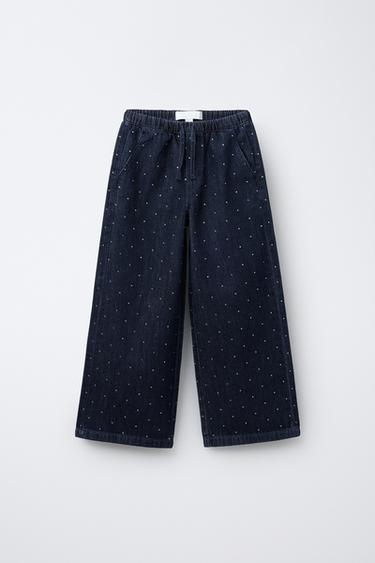 RHINESTONE WIDE-LEG JEANS - Navy blue by Zara