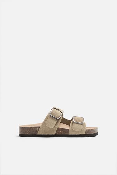 Zara DOUBLE STRAP LEATHER SANDALS - Sandy Brown