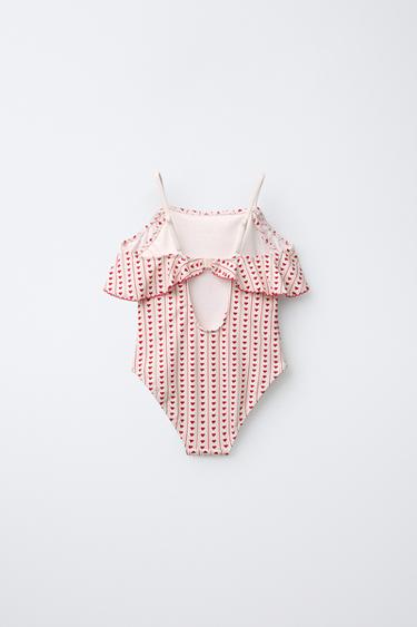 AGES 6-14/ RUFFLED HEART PRINT SWIMSUIT - Red by Zara