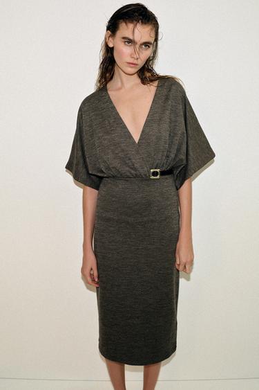 VESTIDO MIDI PIQUÉ CINTURÓN - Verde oscuro de Zara