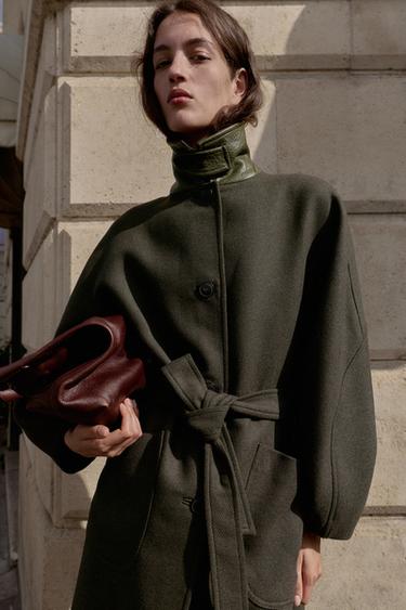 MANTEAU À MANCHES BALLON AVEC LAINE ET COL CONTRASTANT - Kaki de Zara - Image 2