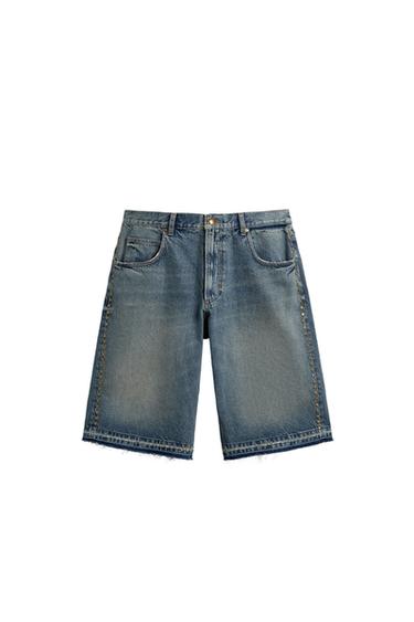 BERMUDA DENIM BAGGY FIT TACHAS METÁLICAS - Azul de Zara