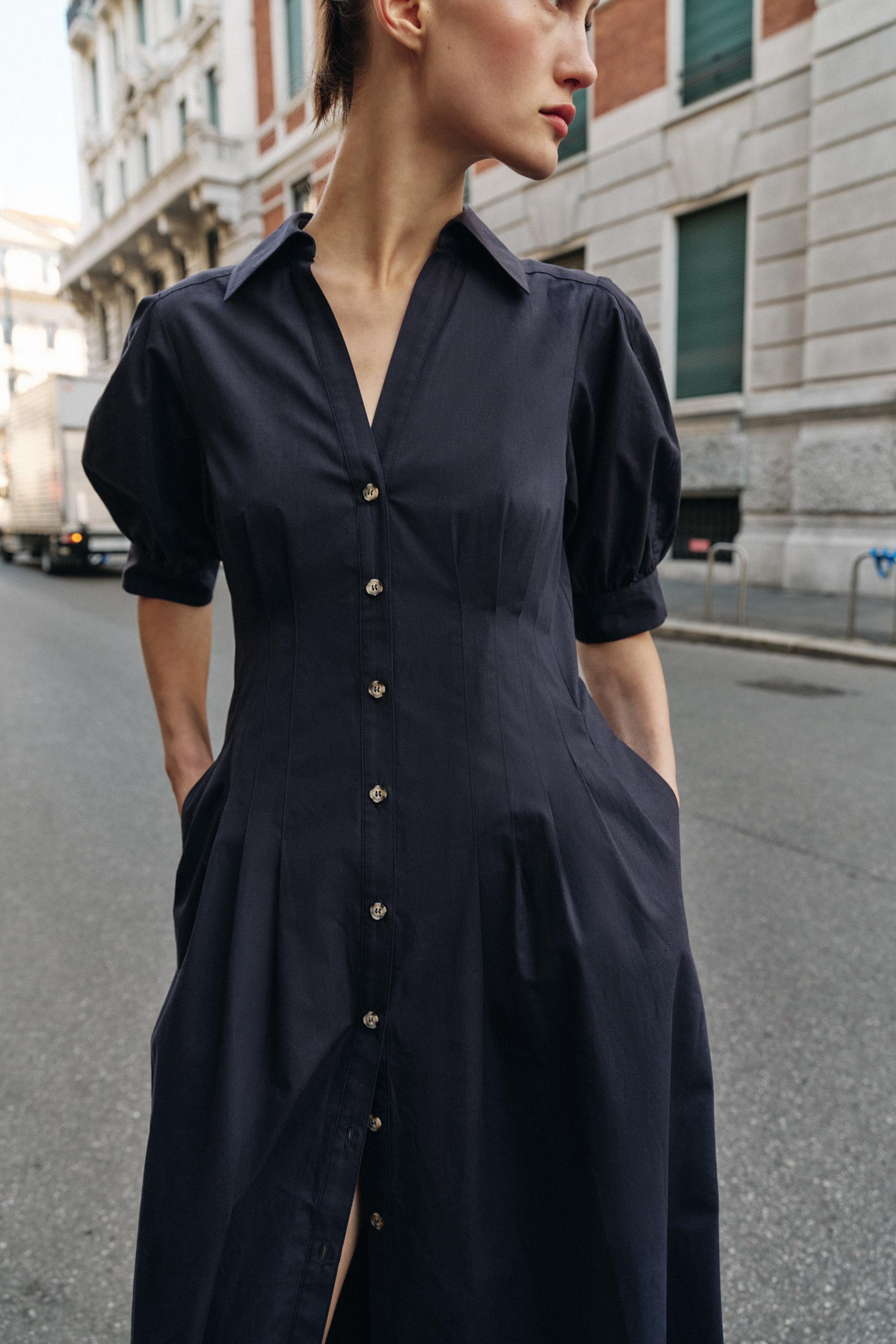 PUFF SLEEVE POPLIN MIDI DRESS
