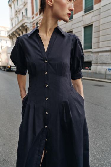 ROBE MI-LONGUE EN POPELINE À MANCHES BOUFFANTES - Bleu marine de Zara - Image 3