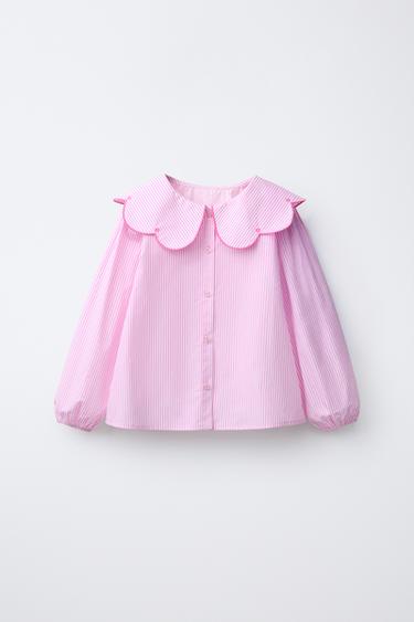 STRIPED SHIRT WITH EMBROIDERED COLLAR - Mid-pink by Zara
